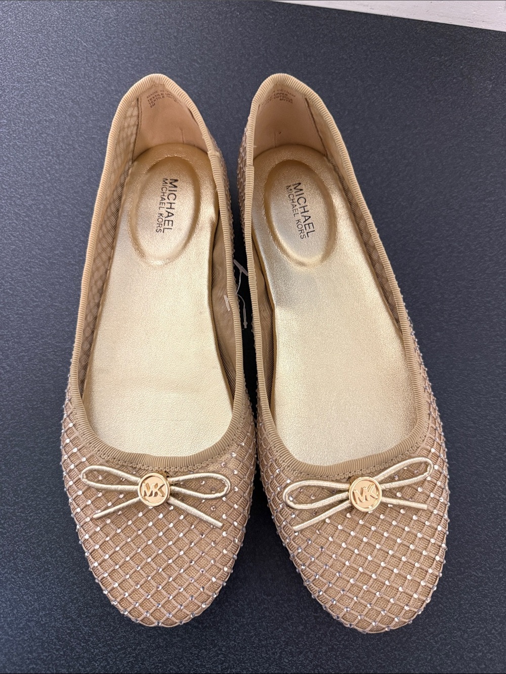 MICHAEL Michael Kors Women's Tan Quilted Ballet Flats with Gold Logo